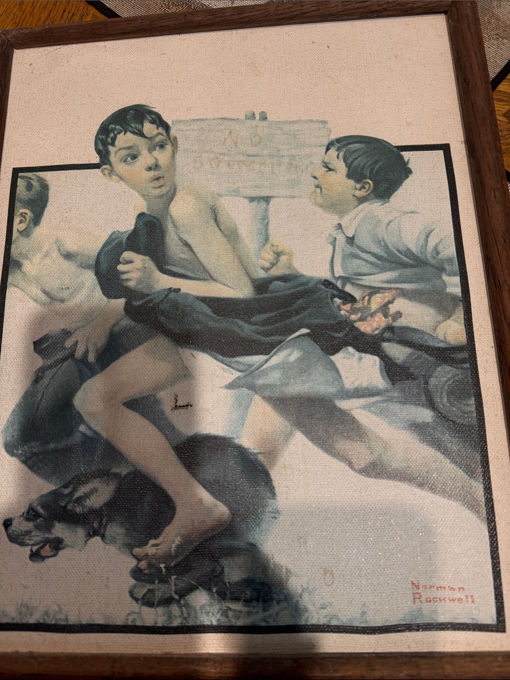 Vintage-Style Boys Running Wall Art Print in Blue-Green